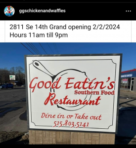Des Moines: Good Eatin's sign, photo credit G.G's Chicken and Waffles